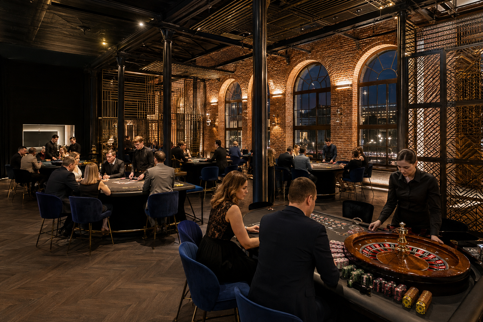 Fizyczna sala kasyna z ruletką i stołami karcianymi w industrialnym wnętrzu