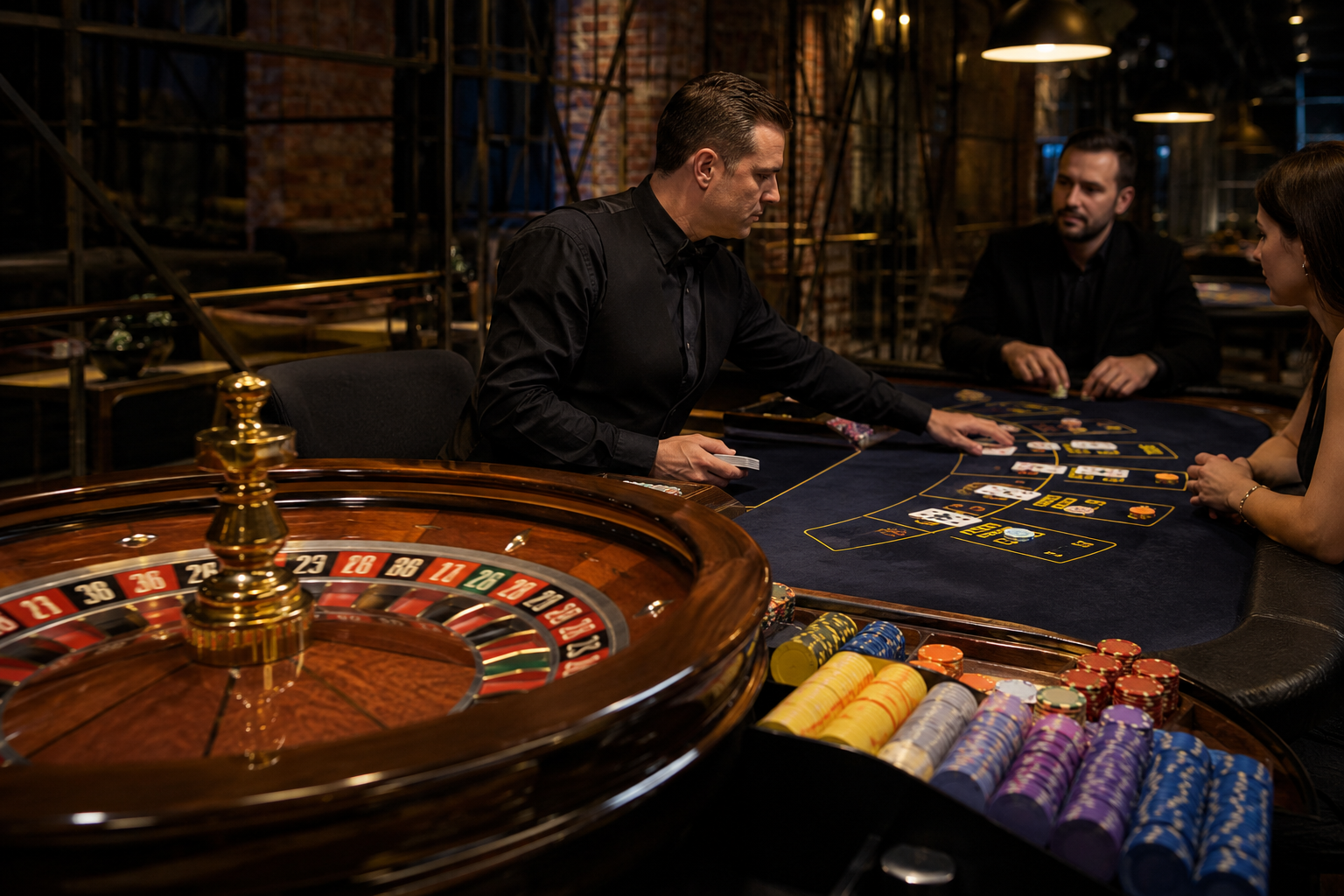 Ruletka i stół Black Jack obsługiwane przez krupiera